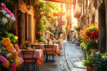 Tipico ristorante italiano nel vicolo storico fiorito - obrazy, fototapety, plakaty