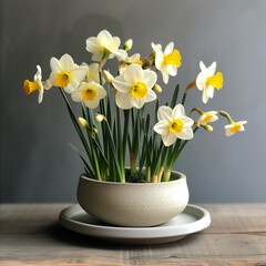 Blooming Daffodils Growing in Flowerpots Against a Grey Sunny Wall. Springtime Gardening and Decoration.