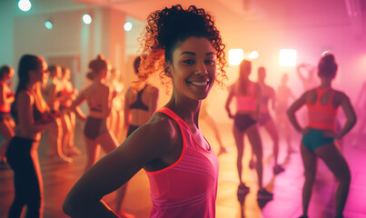 Zumba Fitness Class for Women. An Energising Workout Session at the Gym. Women Dance in the Gym in...