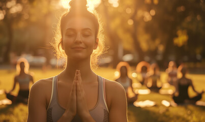 Woman in Namaste Pose Practising Yoga Class and Meditate in a Park, Serene Mood at Summer with Golden Hour Lighting. - obrazy, fototapety, plakaty
