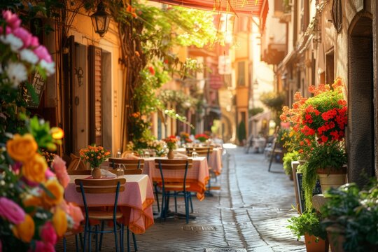 Fototapeta Tipico ristorante italiano nel vicolo storico fiorito