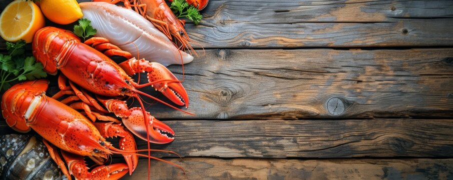 Top view of Seafood on a rustic wooden background. Lobster, fishes, king crab, shellfish, ouster, copy space, Generative AI