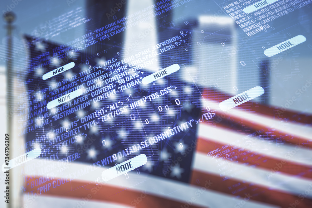 Poster multi exposure of abstract graphic coding sketch and world map on us flag and skyline background, bi