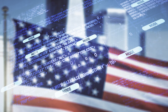 Multi exposure of abstract graphic coding sketch and world map on US flag and skyline background, big data and networking concept