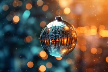 Fototapeta na wymiar Glowing blurry background with a glittering globe ornament hanging from a fir Christmas tree. Generative AI