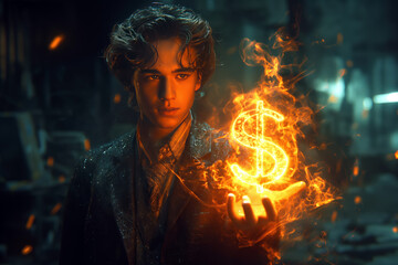 Close-up of a businessman in a suit with a flaming dollar sign on a dark background. Concept of volute, deposits and loans.