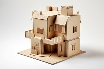 3D depiction of a house made of cardboard, set against a white background. Generative AI
