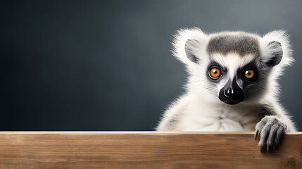 Fototapeta premium Portrait of a funny lemur with a blank banner. Copy-space