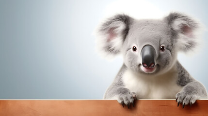 Portrait of a funny koala with a blank banner. Copy-space