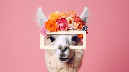 Portrait of a funny alpaca with a blank banner. Copy-space