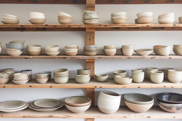 Fototapeta na wymiar arranging handmade pottery on open kitchen shelves