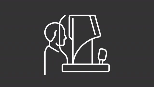 Animated vision test white icon. Optometrist eye exam line animation. Ophthalmology medical diagnostic. Isolated illustration on dark background. Transition alpha video. Motion graphic