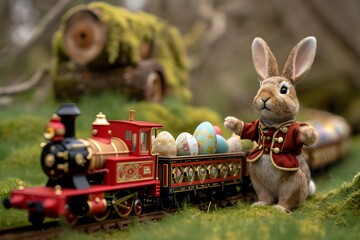 Cute little Easter bunny as a train conductor with.

