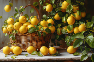 Fresh lemons in a basket. The concept of fresh citrus fruits and natural, fresh products.