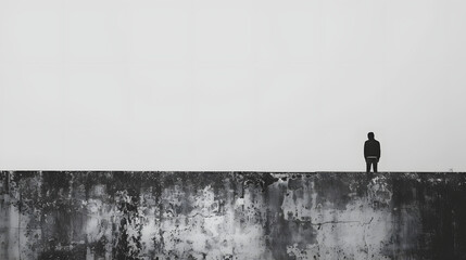 Solitude Concept Minimalist Image of Person Standing on Edge of Concrete Wall