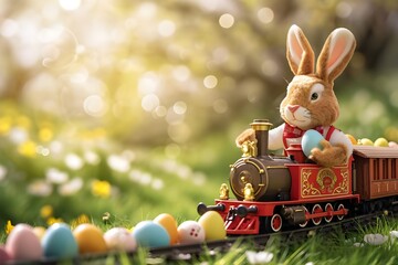 Cute little Easter bunny as a train conductor with.
