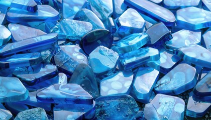 Fototapeta premium Close up of a pile of blue glass rock in a crate