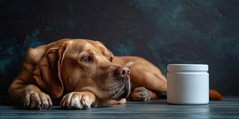 A Pensive Labrador Lies Beside a Jar, Reflecting on Wellness and Care in the Quiet of Home,...