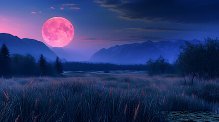 Twilight Field with Pink Full Moon and Mountain Silhouette