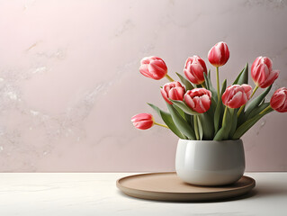 easter tulips on marble pedestal
