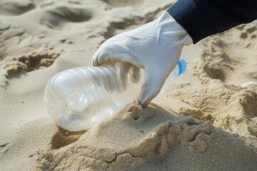 Obraz premium hand in a glove removing a plastic bottle from the beach sand