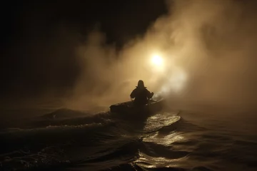 Papier Peint photo Naufrage person in dinghy escaping from smoky ship at night