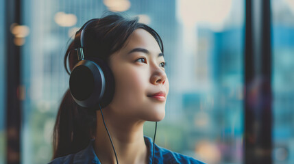 Contemplative Young Woman Listening to Music with Headphones in Urban Setting