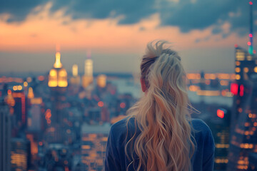 Fototapeta na wymiar Cityscape Serenity: Woman's Tranquil View of the Metropolitan Skyline