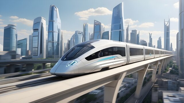 train on the bridge A high speed maglev train zooming through a futuristic cityscape