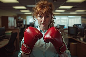 Red-gloved female entrepreneur practicing boxing moves, symbolizing resilience and tenacity in the business world.