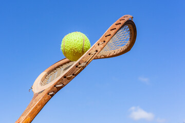 Tennis Wooden Racket Bent Frame Ball Blue Sky - 734798290