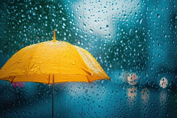 Bright yellow umbrella contrasted against the backdrop of heavy raindrops, capturing the essence of a rainy day scene.