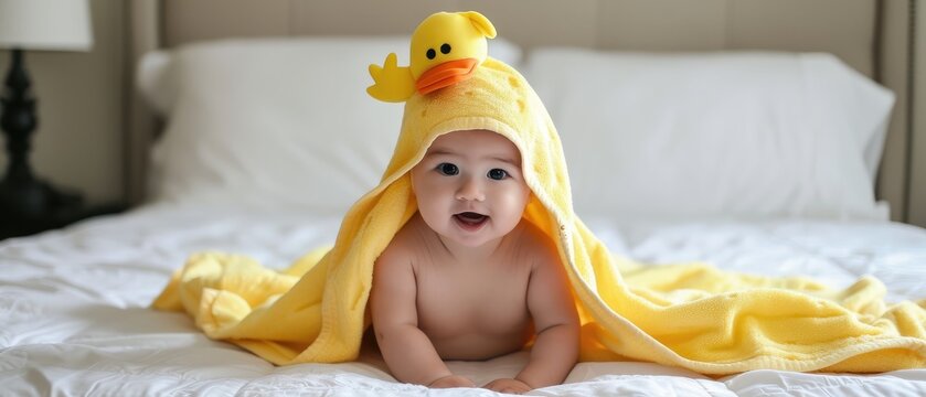 Happy Baby Wrapped in Duck Towel on Bed