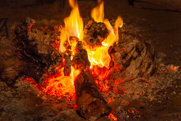 Fire in a bonfire that has burned the wood and generated embers. Before a celebration, a fire is...
