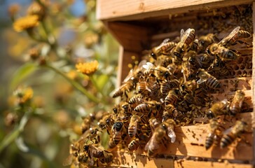 Bees outside of their hive