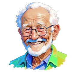 An elderly man with a mustache and glasses smiles. The old man is enjoying the moment. Illustration on a white background