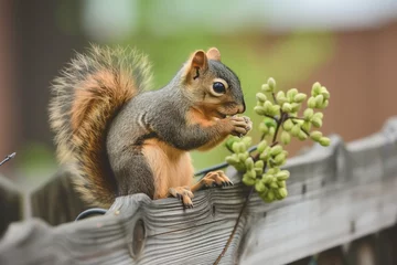 Schilderijen op glas young squirrel on fence nibbling pistachio © Alfazet Chronicles