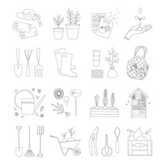 Obraz premium Collection of gardening objects, farm and agriculture concept. Garden tools, plants, supplies. Set of outlines illustrations