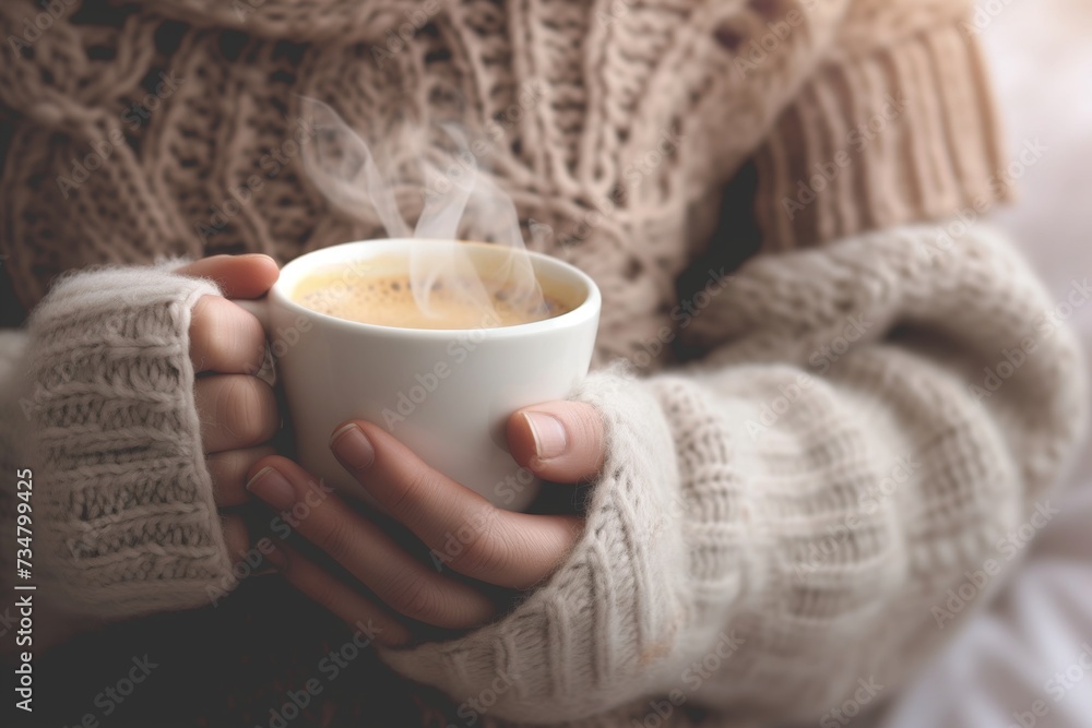 Poster person in a warm sweater with a steaming cup of coffee