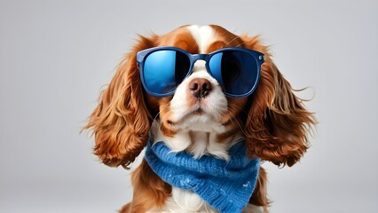 Cavalier King Charles Spaniel wearing blue glasses and a matching scarf