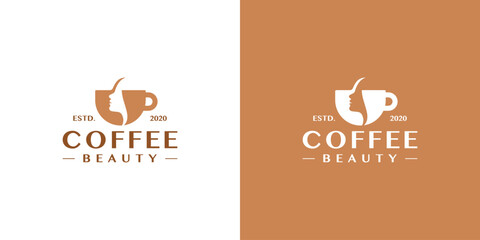 Creative Coffee Beauty Logo. Coffee Mug, Cup and Silhouette of Woman's Face with Minimalist Style. Coffee Shop Logo Icon Symbol Vector Design Template.