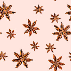 Seamless pattern made of dried aromatic brown anise star spice or badian on light beige background used in culinary as condiment contains anethole is an ingredient of the traditional five-spice powder