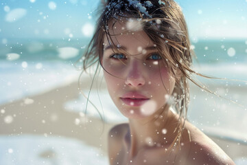 A pretty girl at the beach during a snowy winter day