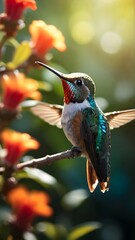 A vibrant hummingbird on a tree branch
