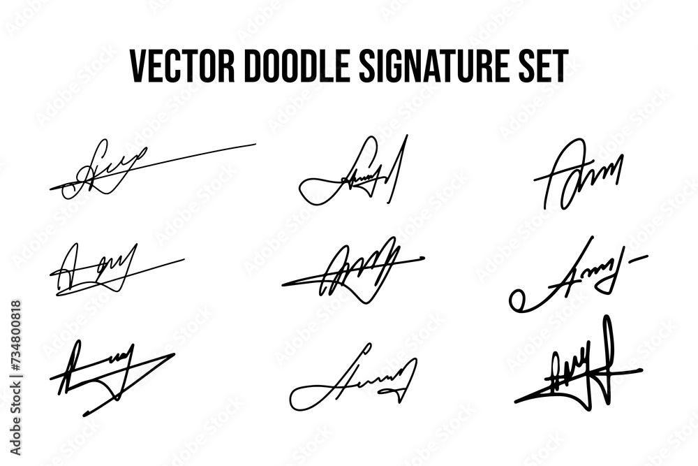 Fototapete set of unique fictitious handwritten autograph doodles. fake signature collection on a letter. scraw