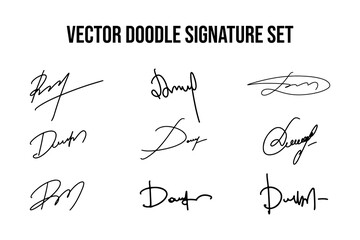 Set of unique fictitious handwritten autograph doodles. Fake signature collection on D letter. Scrawl lettering for business, signing of documents, certificates and contracts.