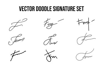 Handwritten signatures set. Collection of vector fictitious autograph doodles on F letter. Business documentation lettering. - obrazy, fototapety, plakaty
