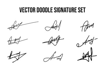 Set of unique fictitious handwritten autograph doodles. Fake signature collection on A letter. Scrawl lettering for business, signing of documents, certificates and contracts.
