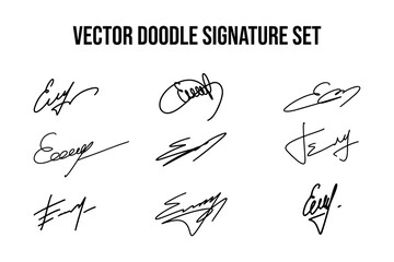 Handwritten signatures set. Collection of vector signatures fictitious autograph doodles on E letter. Business documentation lettering. - obrazy, fototapety, plakaty