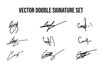 Set of unique fictitious handwritten autograph doodles. Fake signature collection on C letter. Scrawl lettering for business, signing of documents, certificates and contracts.